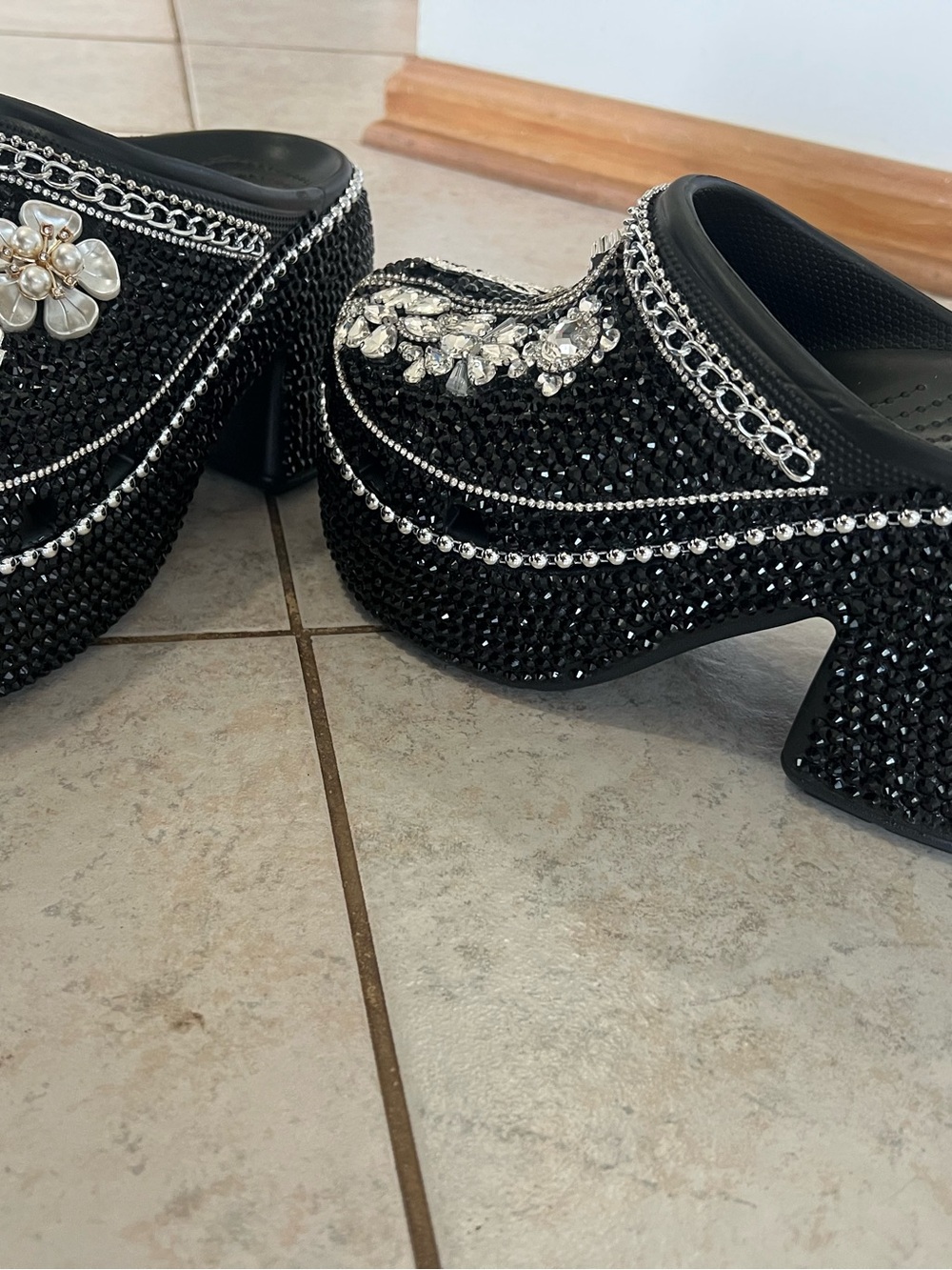 Custom CROCS Black Crystal-Embellished Platform Clogs with Chain & Pearl Accents